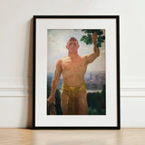 The Victor - Osmar Schindler Art Print / Canvas Framed Painting Muscular Man Golden Loincloth Green Leaves, Positions, High Ground,