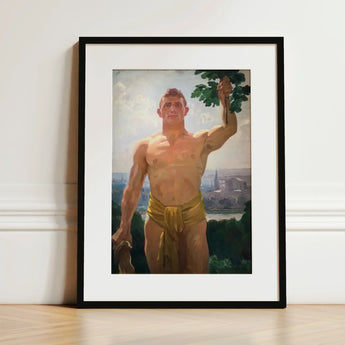 The Victor - Osmar Schindler Art Print / Canvas Framed Painting Muscular Man Golden Loincloth Green Leaves, Positions, High Ground,