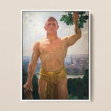 The Victor - Osmar Schindler Art Print / Canvas Framed Painting Muscular Man Golden Loincloth Green Leaves, Positions, High Ground,