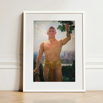 The Victor - Osmar Schindler Art Print / Canvas Framed Painting Muscular Man Golden Loincloth Green Leaves, Positions, High Ground,
