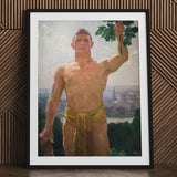 The Victor - Osmar Schindler Art Print / Canvas Framed Painting Muscular Shirtless Man Golden Loincloth Green, Positions, High Ground,