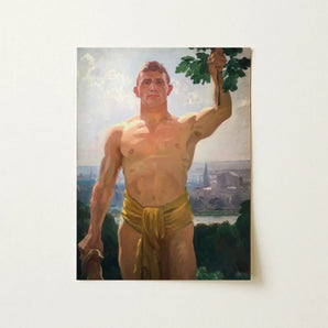 The Victor - Osmar Schindler Art Print / Canvas Rectangular Painting Muscular Man Golden-yellow Fabric Wrapped, Positions, High Ground,