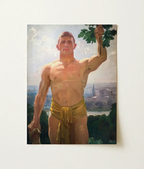 Rectangular Canvas Painting Muscular Man Golden-yellow Fabric Wrapped Osmar Schindler, Positions, Art, Print, High Ground, Panoramic City