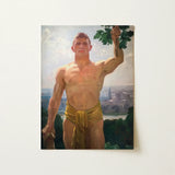 The Victor - Osmar Schindler Art Print / Canvas Rectangular Painting Muscular Man Golden-yellow Fabric Wrapped, Positions, High Ground,