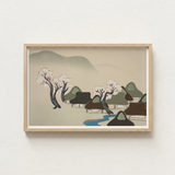 Minimalist Wooden-framed Artwork Serene Village Scene Thatched Roofs Kamisaka Sekka, Mesmerizing Meiji-era Art, Japanese Hamlet