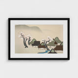 Village Cherry Blossoms - Kamisaka Sekka Meiji Art Print / Canvas Black-framed Artwork Serene Stylized Scene Trees Thatched, Mesmerizing