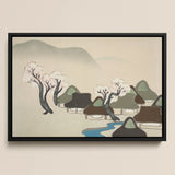 Village Cherry Blossoms - Kamisaka Sekka Meiji Art Print / Canvas Black-framed Artwork Serene Scene Thatched Roofs Trees, Mesmerizing