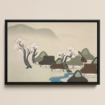 Village Cherry Blossoms - Kamisaka Sekka Meiji Art Print / Canvas Black-framed Artwork Serene Scene Thatched Roofs Trees, Mesmerizing