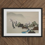 Village Cherry Blossoms - Kamisaka Sekka Meiji Art Print / Canvas Black-framed Artwork Serene Stylized Scene Thatched Roofs, Mesmerizing