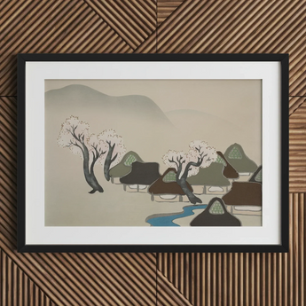 Village Cherry Blossoms - Kamisaka Sekka Meiji Art Print / Canvas Black-framed Artwork Serene Stylized Village Scene Thatched Roofs