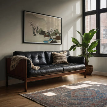 Village Cherry Blossoms - Kamisaka Sekka Meiji Art Print / Canvas Black Leather Wood-framed Sofa Tufted Kamisaka Sekka, Mesmerizing
