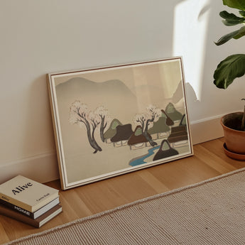 Village Cherry Blossoms - Kamisaka Sekka Meiji Art Print / Canvas Framed Artwork Minimalist Landscape Trees Animals Water, Mesmerizing