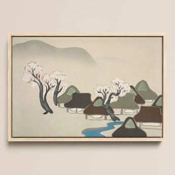 Village Cherry Blossoms - Kamisaka Sekka Meiji Art Print / Canvas Framed Artwork Serene Village Scene Thatched Roofs Trees Kamisaka Sekka,
