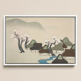 Village Cherry Blossoms - Kamisaka Sekka Meiji Art Print / Canvas Framed Minimalist Landscape Painting Stylized Trees White Blossoms
