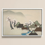 Village Cherry Blossoms - Kamisaka Sekka Meiji Art Print / Canvas Framed Minimalist Landscape Painting Stylized Trees White, Mesmerizing