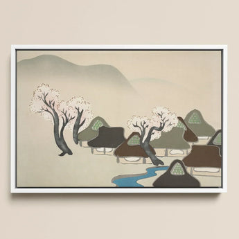 Village Cherry Blossoms - Kamisaka Sekka Meiji Art Print / Canvas Framed Minimalist Landscape Painting Stylized Trees White, Mesmerizing