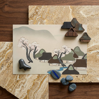 Village Cherry Blossoms - Kamisaka Sekka Meiji Art Print / Canvas Minimalist Landscape Print Stylized Trees Mountains Thatched-roof Houses