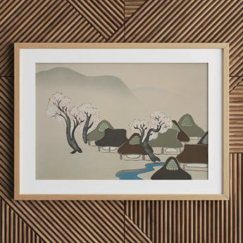 Village Cherry Blossoms - Kamisaka Sekka Meiji Art Print / Canvas Minimalist Wooden-framed Serene Scene Thatched, Mesmerizing Meiji-era,