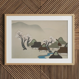 Village Cherry Blossoms - Kamisaka Sekka Meiji Art Print / Canvas Minimalist Wooden-framed Art Print Serene Village Scene Thatched Kamisaka