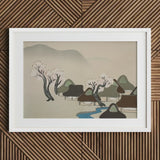 Village Cherry Blossoms - Kamisaka Sekka Meiji Art Print / Canvas White-framed Artwork Serene Scene Thatched Roofs Trees, Mesmerizing