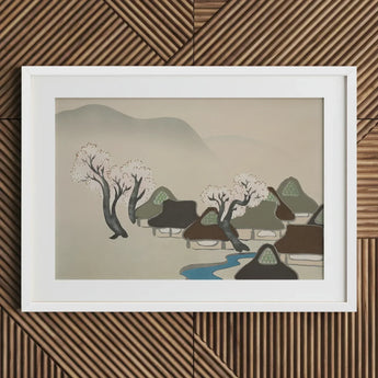 Village Cherry Blossoms - Kamisaka Sekka Meiji Art Print / Canvas White-framed Artwork Serene Scene Thatched Roofs Trees, Mesmerizing