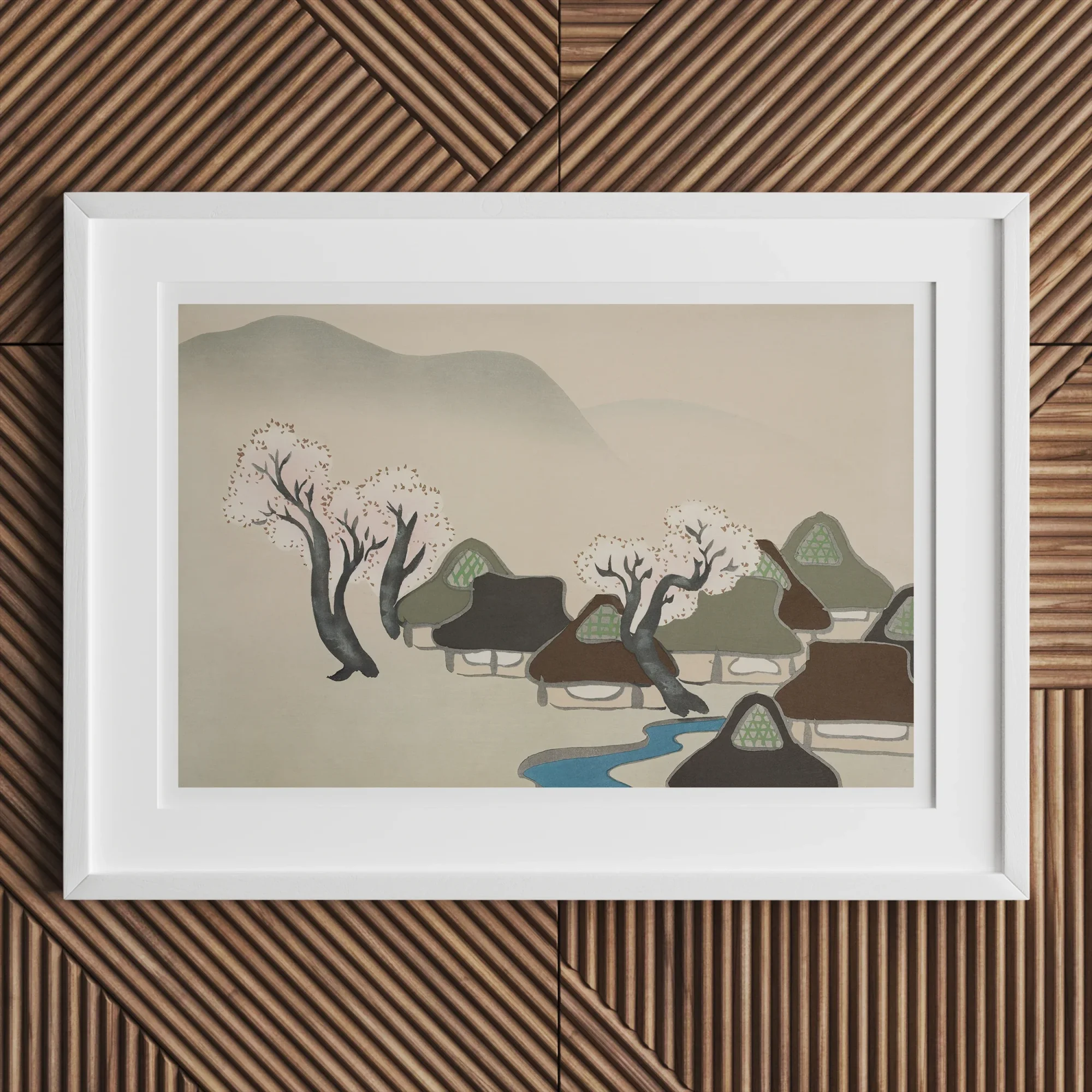 Village Cherry Blossoms - Kamisaka Sekka Meiji Art Print, Framed Artwork Minimalist Asian Village Scene Mountains Trees