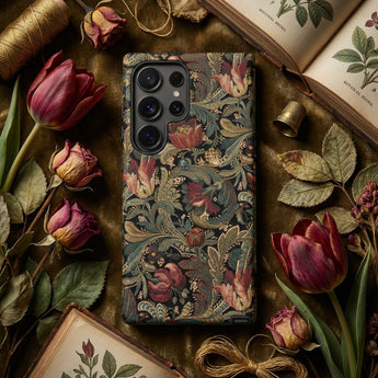 Vintage Floral Pattern Phone Case Dark Green Floral-patterned Intricate Red Gold Flemish Tapestry Traditions, Burgundy-crimson Blooms