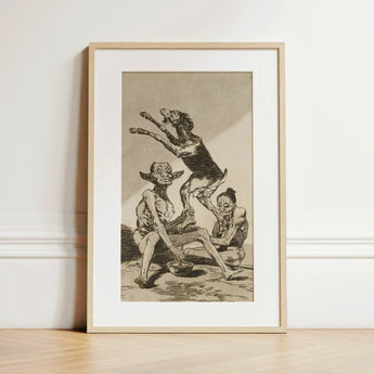 Wait ?Til You’ve been Anointed - Francisco De Goya Art Print / Canvas Framed Black-and-white Grotesque Figures Dog Enclosed Light Wood Goya