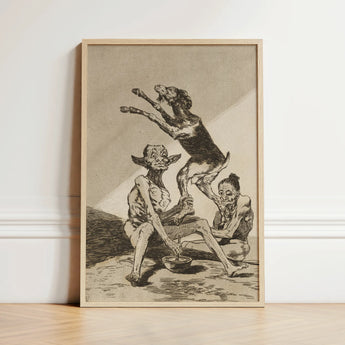 Framed Black-and-white Grotesque Figures Dog Enclosed Light Wood Goya Art Print, Air Hums