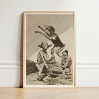 Framed Black-and-white Grotesque Figures Dog Enclosed Light Wood Goya Art Print, Air Hums