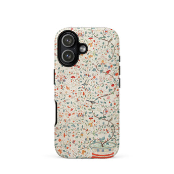 Wall Panel with Garden Urn - Painted Silk Phone Case Iphone 17 / Matte Floral-patterned Beige Background Green Red Orange, Elegantly Woven