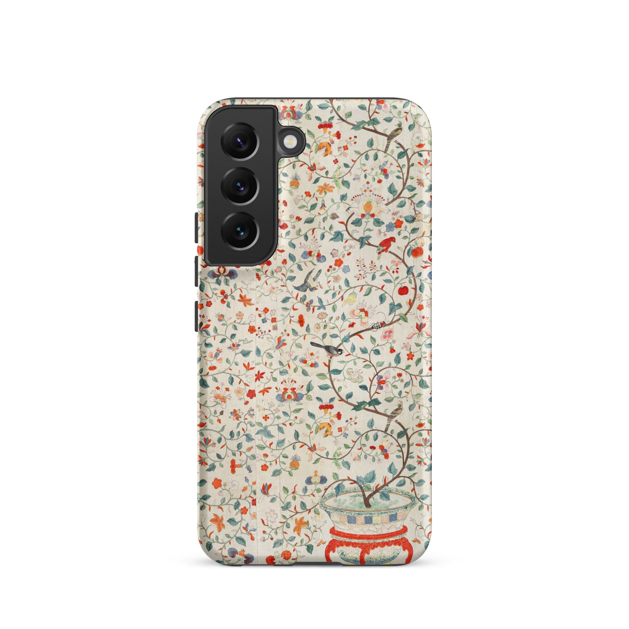 Wall Panel with Garden Urn Painted Silk Samsung Case, Galaxy S22 / Matte, White Smartphone Case Colorful Floral Bird Pattern