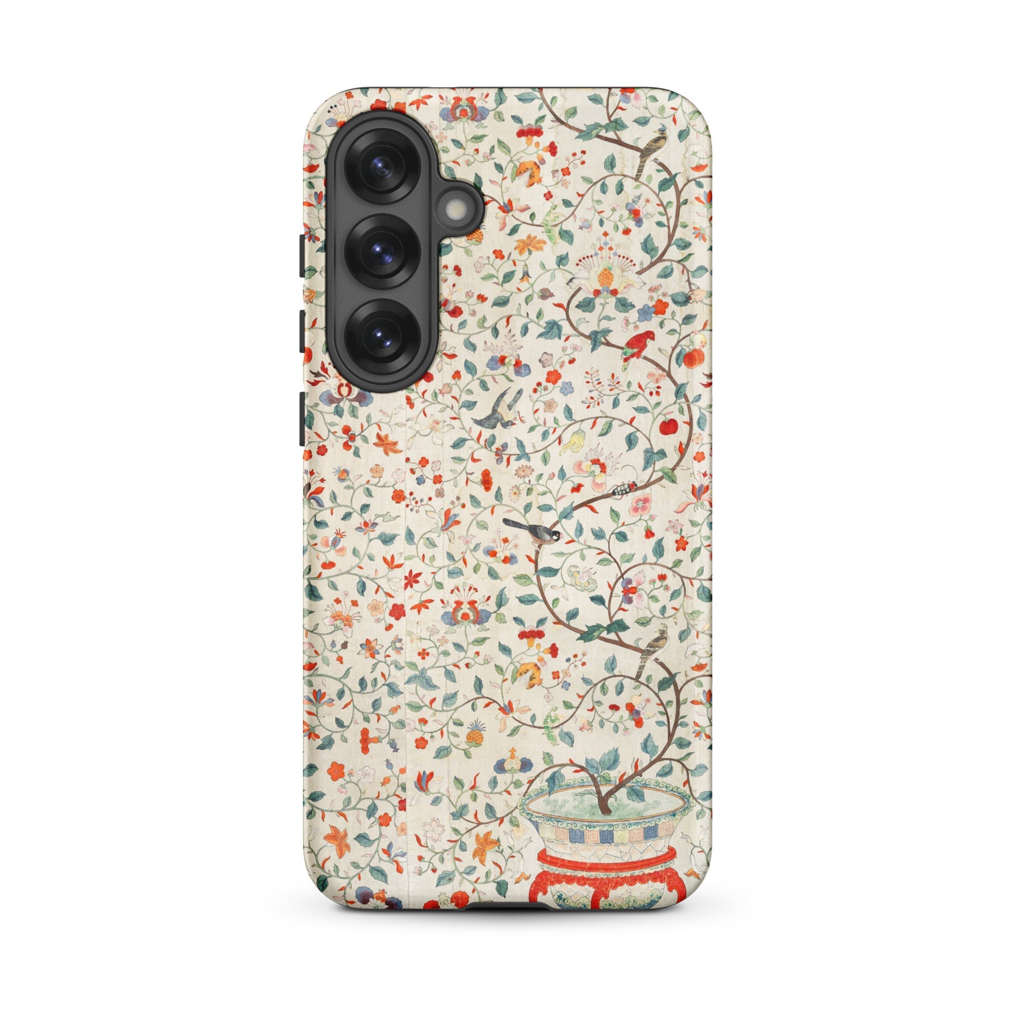 Wall Panel with Garden Urn Painted Silk Samsung Case, Galaxy S25 Plus / Matte, White Phone Case Colorful Floral Bird Pattern