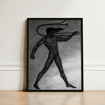 War Cry - Sascha Schneider Art Print / Canvas Black-framed Charcoal Nude Figure Trombone, Male, Tears, Free, Herald’s War-trumpet Lashed,