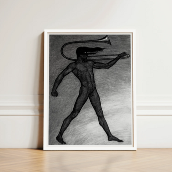 War Cry - Sascha Schneider Art Print / Canvas Framed Black-and-white Sketch Nude Figure Trombone Rendered Detailed, Male, Tears, Free,