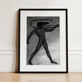 War Cry - Sascha Schneider Art Print / Canvas Black-framed Artwork Charcoal Sketch Nude Figure Horn, Male, Tears, Free, Herald’s