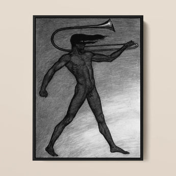 War Cry - Sascha Schneider Art Print / Canvas Black-framed Charcoal Nude Figure Trombone, Male, Tears, Free, Herald’s War-trumpet Lashed,