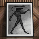 War Cry - Sascha Schneider Art Print / Canvas Black-framed White-matted Charcoal Sketch Nude Figure Trombone, Male, Tears, Free, Herald’s