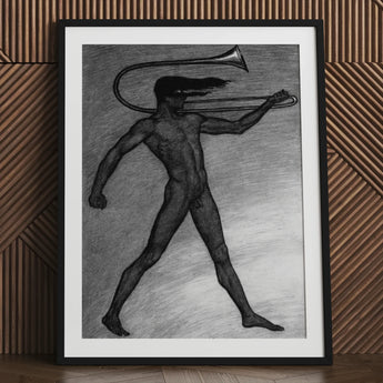 War Cry - Sascha Schneider Art Print / Canvas Black-framed White-matted Charcoal Sketch Nude Figure Trombone, Male, Tears, Free, Herald’s