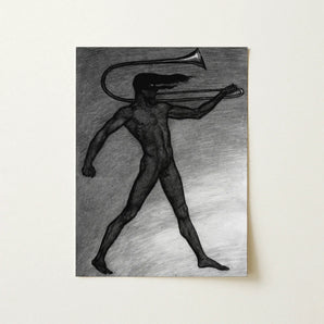 War Cry - Sascha Schneider Art Print / Canvas Black-and-white Charcoal Muscular Figure Trombone Rendered Detailed Texture, Nude Male,