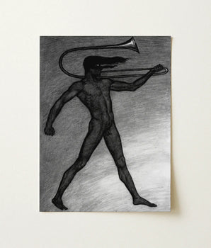 Black-and-white Charcoal Muscular Figure Trombone Rendered Detailed Texture Sascha Schneider, Nude Male, Tears, Free, Herald’s War-trumpet