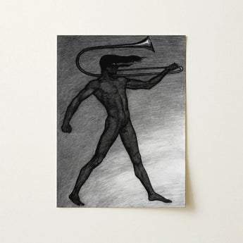 War Cry - Sascha Schneider Art Print / Canvas Black-and-white Charcoal Muscular Figure Trombone Rendered Detailed Texture, Nude Male,