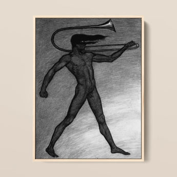 War Cry - Sascha Schneider Art Print / Canvas Black-and-white Charcoal Nude Figure Trombone Framed Light Wood, Male, Tears, Free, Herald’s