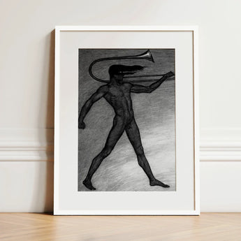 War Cry - Sascha Schneider Art Print / Canvas Black-and-white Framed Nude Figure Trumpet Head Enclosed Simple, Male, Tears, Free, Herald’s