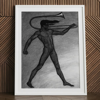 War Cry - Sascha Schneider Art Print / Canvas Framed Black-and-white Sketch Nude Figure Trombone Rendered Detailed, Male, Tears, Free,