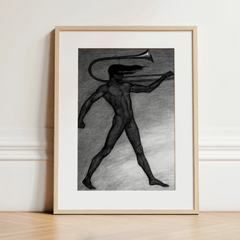 War Cry - Sascha Schneider Art Print / Canvas Framed Black-and-white Sketch Nude Figure Trumpet Head Enclosed Sascha Schneider, Male