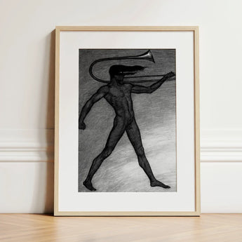 War Cry - Sascha Schneider Art Print / Canvas Framed Black-and-white Sketch Nude Figure Trumpet Head Enclosed, Male, Tears, Free, Herald’s