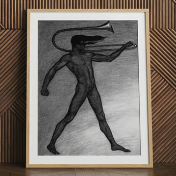War Cry - Sascha Schneider Art Print / Canvas Framed Charcoal Sketch Nude Figure Tuba Rendered Monochrome, Male, Tears, Free, Herald’s