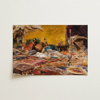 Vibrant Oil Painting Figure Ornate Warmly Lit Interior Bearded Fighter Lying, Among, Layered, Carpets, Antonio Fabres Art, Print