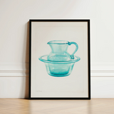 Wash Bowl & Pitcher - Charles Caseau 1930s Art Print / Canvas Framed Watercolor Illustration Translucent Turquoise Glass Basin Ethereal